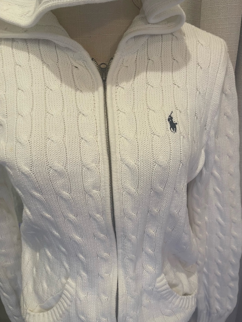 Polo by Ralph Lauren White Cable-Knit Zip Hoodie with Navy Pony Logo